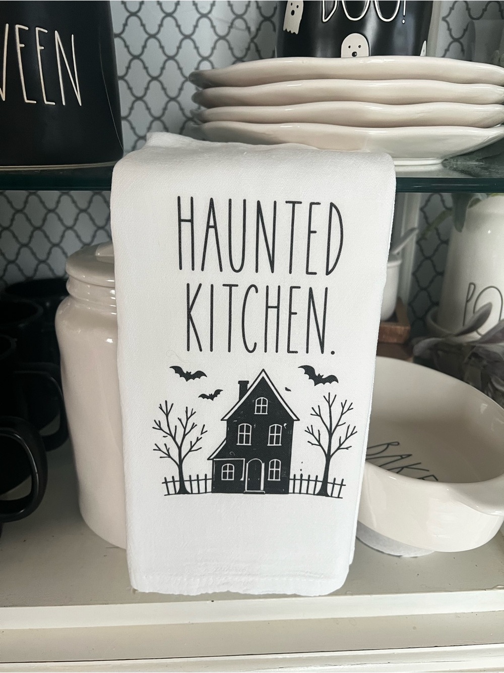 Haunted Kitchen Halloween Tea Towel - White
